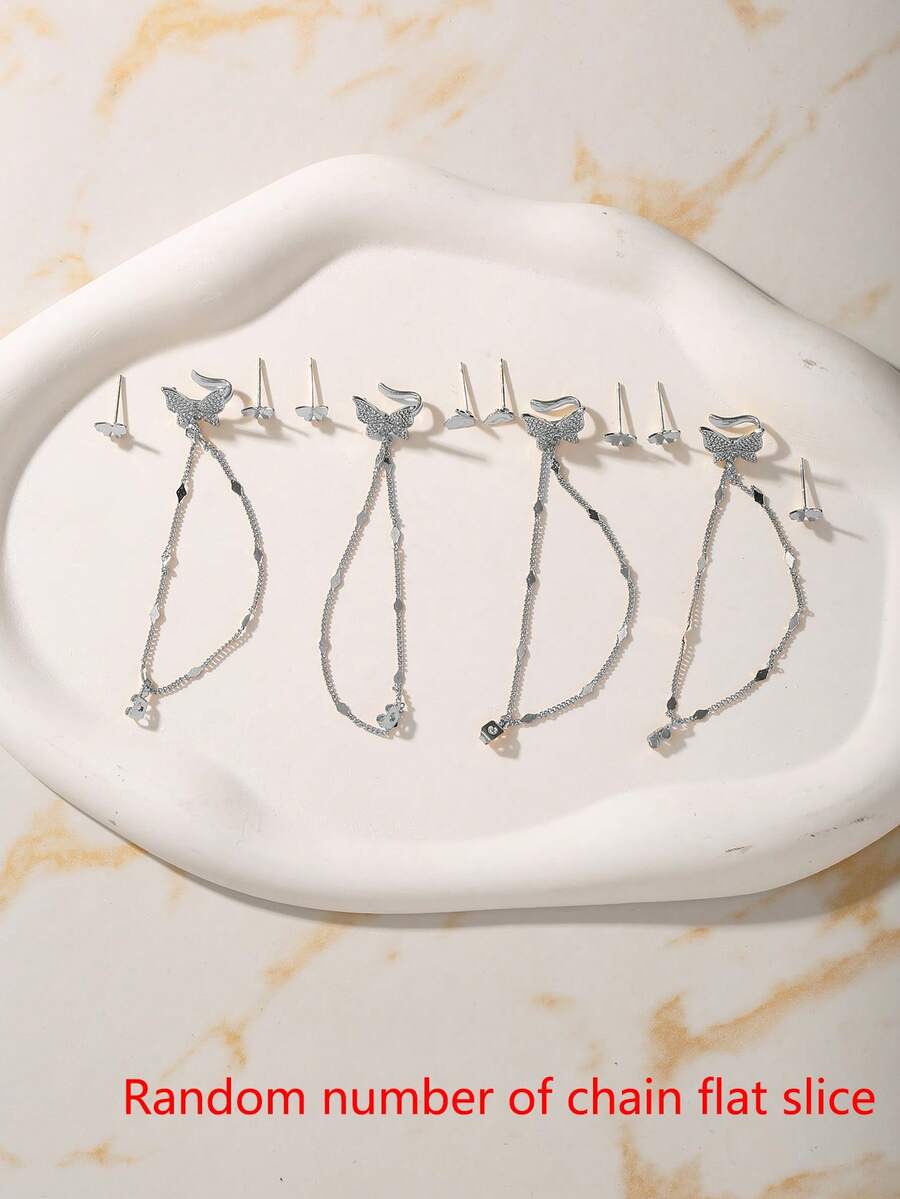 2pcs Fashionable Butterfly Micro-Inlaid Zirconia Ear Cuff Stud Earrings Set (Random Rhombus Quantity)