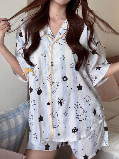 Gongdie 3 Piece Set Miffy Women Pajama Sets,Spring /Summer Short Sleeve Top With Long Pants & Shorts, Blue White Stripe Print, Cute Bunny Rabbit Cartoon With Yellow Trim Loungewear
