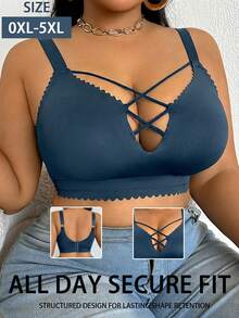 Plus Size Women's Solid Color Wireless Bra, Breathable Non-Slip Lift And Support, Seamless Everyday Wear - Navy Blue - View 3