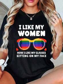 Women's Short Sleeve T-Shirts: Women's Cotton T-Shirt, Round Neck, LGBTQ+ Print With Rainbow Glasses And Humorous Phrase, Loose And Breathable, Ideal For Everyday Wear And Pride Events - 黑色 - 查看 4