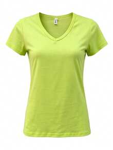 Women's Basic Orange V-Neck T-Shirt with Short Sleeves, Everyday Casual Top with Slight Stretch for Comfort - Naranja - Ver 3