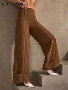 Pantalones anchos de pierna ancha de estilo palaciego bohemio vintage, de alta gama, de jacquard azul marino lavado, para mujer, adecuados para volver a la escuela, Año Nuevo, fiestas, uso diario y vacaciones - Marrón - Ver 3