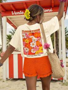 Short-Sleeved T-Shirt With Floral Print, Casual White Summer Holiday Wear, Women's Oversized Vintage Graphic T-Shirt Cotton - 杏 - 查看 2