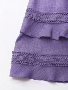 Clasi Vestido mini de manga abullonada con ribete de encaje de unicolor para mujer, para verano - Morado - Ver 5
