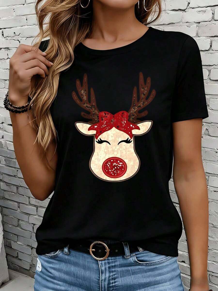 Women's Short-Sleeved T-Shirts In Black And White Are Suitable For Everyday Wear, Lounging At Home, And Outdoor Activities. This Women's White T-Shirt Features A Fun Christmas Reindeer Face Design With A Red Bow And Sparkly Nose, Making It A Casual Top Perfect For The Festive Season And A Great Gift For Christmas Parties. - 黑色 - 查看 1