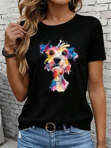 Women's Short-Sleeved T-Shirts In Black And White Are Suitable For Everyday Wear, Lounging At Home, And Outdoor Activities. This Women's T-Shirt Features A Colorful Dog Print, Making It A  Casual Top With An Animal Design-A Perfect Gift For Parties Or Holidays. - 黑色 - 查看 7