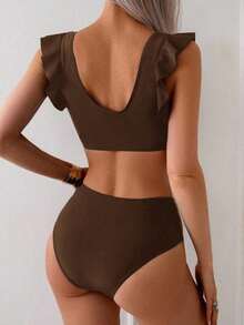 Conjunto de traje de baño para mujer, conjunto de unicolor con escote cuadrado tipo bandeau, tirantes con volantes - Café integral - Ver 2
