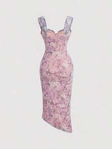 Vestido con estampado floral, plisado y dobladillo asimétrico con abertura, vestidos en tonos pastel para mujer - Rosa - Ver 2