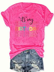 Camiseta Casual de Talla Grande para Mujer con Cuello Redondo y Estampado de "ES MI CUMPLEAÑOS", Manga Corta para Primavera y Verano, Diseño Colorido de Cumpleaños, Camisetas para Damas - Rosa Fucsia - Ver 1