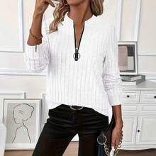 Women's Ribbed Knit Zip Up Top Solid Color Long Sleeve Slim Fit Casual Autumn Winter Sweater - Blue - View 2