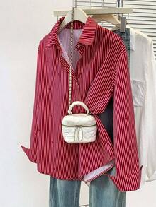 Blusa de mujer con cuello polo, estampado de corazones y rayas - Camisa casual de manga larga con botones, adecuada para uso diario en primavera, verano y otoño - Burdeos - Ver 10