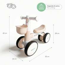 Baroni Toys Bicicleta sin pedales de 4 ruedas para niños a partir de 3 años, primeros pasos con luces y sonidos, cesta portaobjetos, balance bike, ideal para el desarrollo motor y la coordinación, 55 * 22 * 42 cm, azul, rosa, verde, beige - Beis - Ver 3