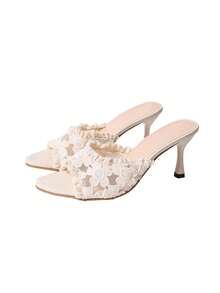 Zapatillas de tacón de aguja con punta cuadrada de encaje blanco, zapatos mule de punta abierta con bordado floral de malla y borde con volantes, sandalias elegantes versátiles para uso diario, citas, vacaciones, estilo de exportación - Blanco - Ver 8