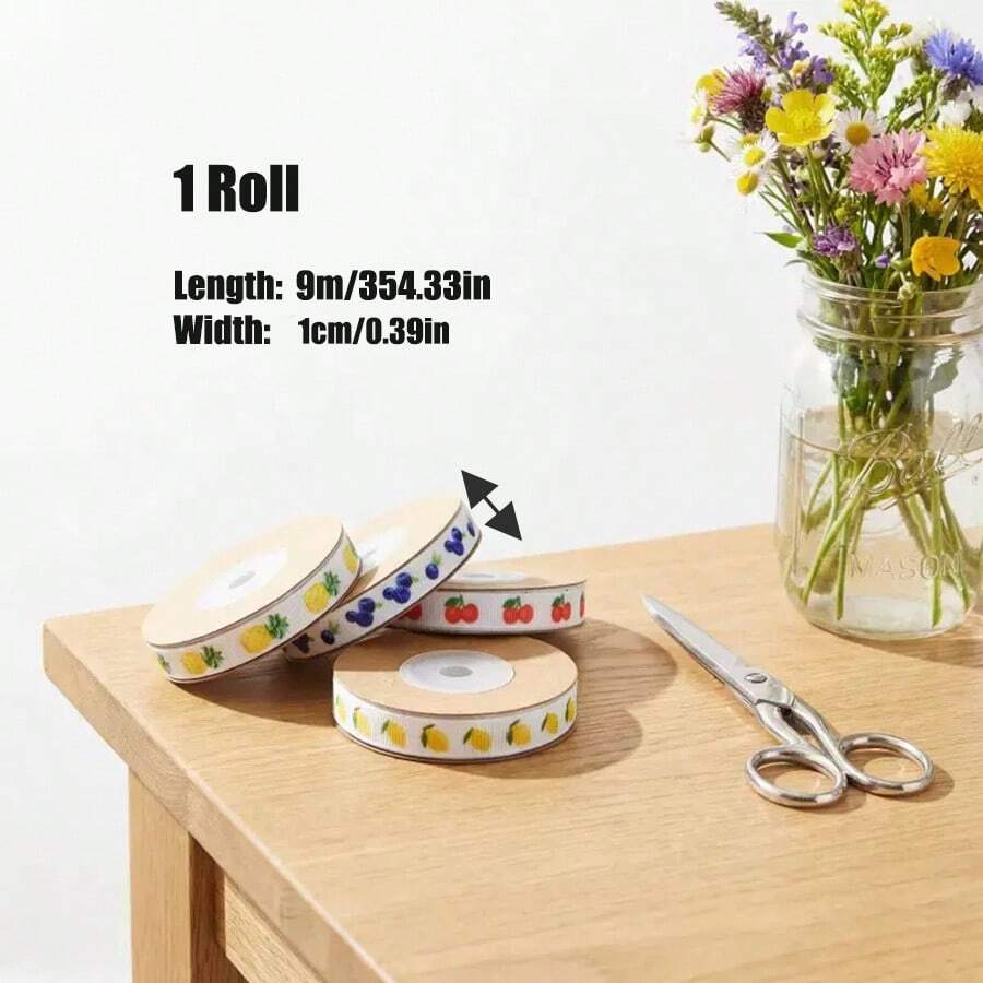 1 Roll Colorful Fruit Polyester Ribbon, Back To School Apple Ribbon, Orange Lemon Blueberry Printed Ribbon, Gift Wrapping Ribbon, Handmade DIY Candy Decoration Ribbon - 1cm-10 Sizes - View 1