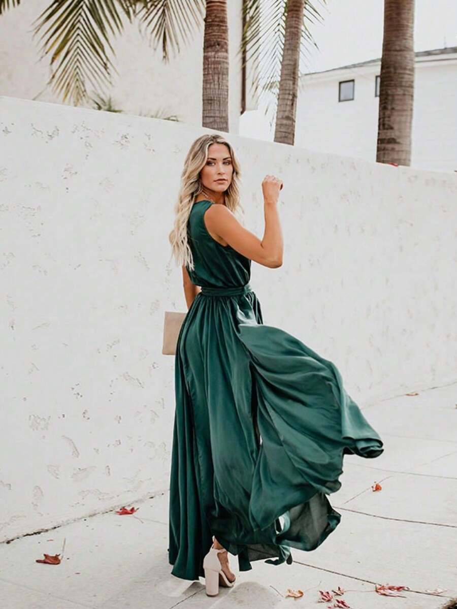Vestido largo de talla grande sin mangas con escote en V y abertura alta de color sólido - Verde - Ver 1