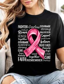 1 Breast Cancer Awareness T-Shirt, Pink Ribbon T-Shirt, Team Pink Support, Breast Cancer Outfit, Survivor Gift, Matching T-Shirts For Groups And Families, 180g 100% Cotton. - 黑色 8 - 查看 7