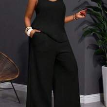 Slayr 2025 New Spring/Summer Plus Size Women's Vintage Western/Tropical/Music Festival/Club/Road Trip/Casual Street/City Vacation/Graduation Date/Elegant Vacation 2-Piece Set - Loose Sheer Textured Fabric U-Neck Sleeveless Tank Top With Elastic Waist Palazzo Pants - Negro - Ver 1