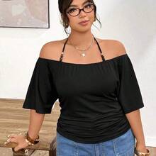 Plus Size Women's Off-Shoulder Black T-Shirt With Beaded Tie Design - Caqui - Ver 2