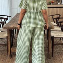 2pcs Plus Size Women Set: Plaid Tie Front Short Sleeve Shirt And Wide Leg Pants - Verde - Ver 3