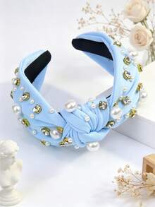 1 chiếc băng đô nữ bản rộng bằng vải đính ngọc trai & đá rhinestone, phụ kiện tóc phong cách tối giản màu trơn retro - xanh nhạt - Xem 2