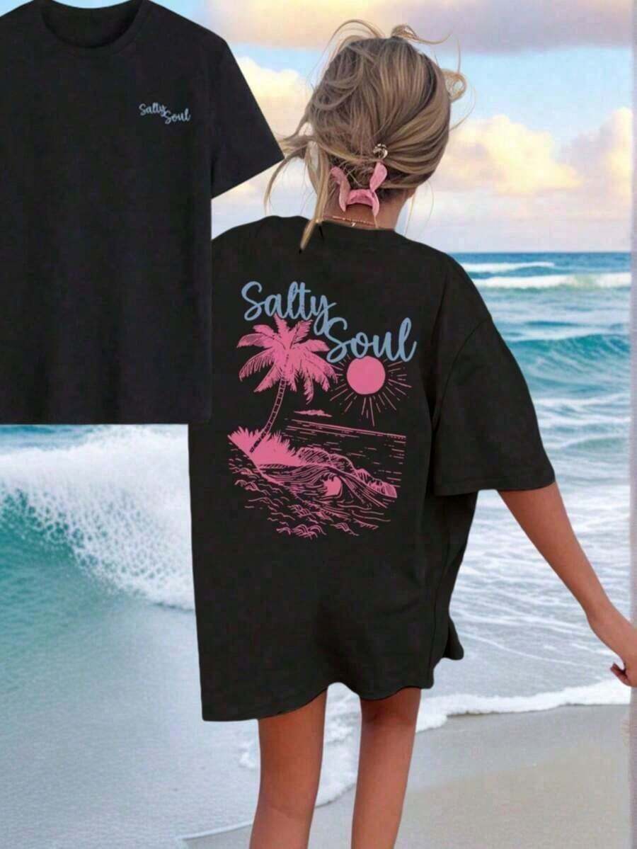SALTY SOUL Women's Summer T-Shirt 2026, New Spring/Summer Collection, Coconut And Sun Print, Round Neck, Short Sleeve, Casual, Versatile, Essential Garment For Everyday Wear And Vacations. Women's Vacation Print T-Shirt, Loose And Comfortable, Summer Tops - 黑色 - 查看 1
