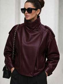 Women's Short Faux Leather Jacket, Modern And Elegant Style, For Winter - 駝色 - 查看 4
