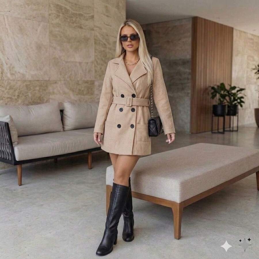 Women's Polyester Overcoat With Buttons - Winter Fashion - Màu be - Xem 1