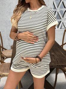 Conjunto de top de rayas con mangas cortas y pantalones cortos para maternidad - Multicolor - Ver 4