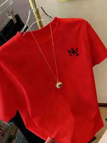 1 Piece Casual Fashion For Men And Women, Women's Simple Print Short Sleeve T-Shirt, Round Neck, Printed T-Shirt, Loose And Comfortable Top For Women, Versatile For Summer, Easy To Match, For Daily Wear, Urban Style, Vacation Clothes, Weekend Clothes. - 紅色 - 查看 3