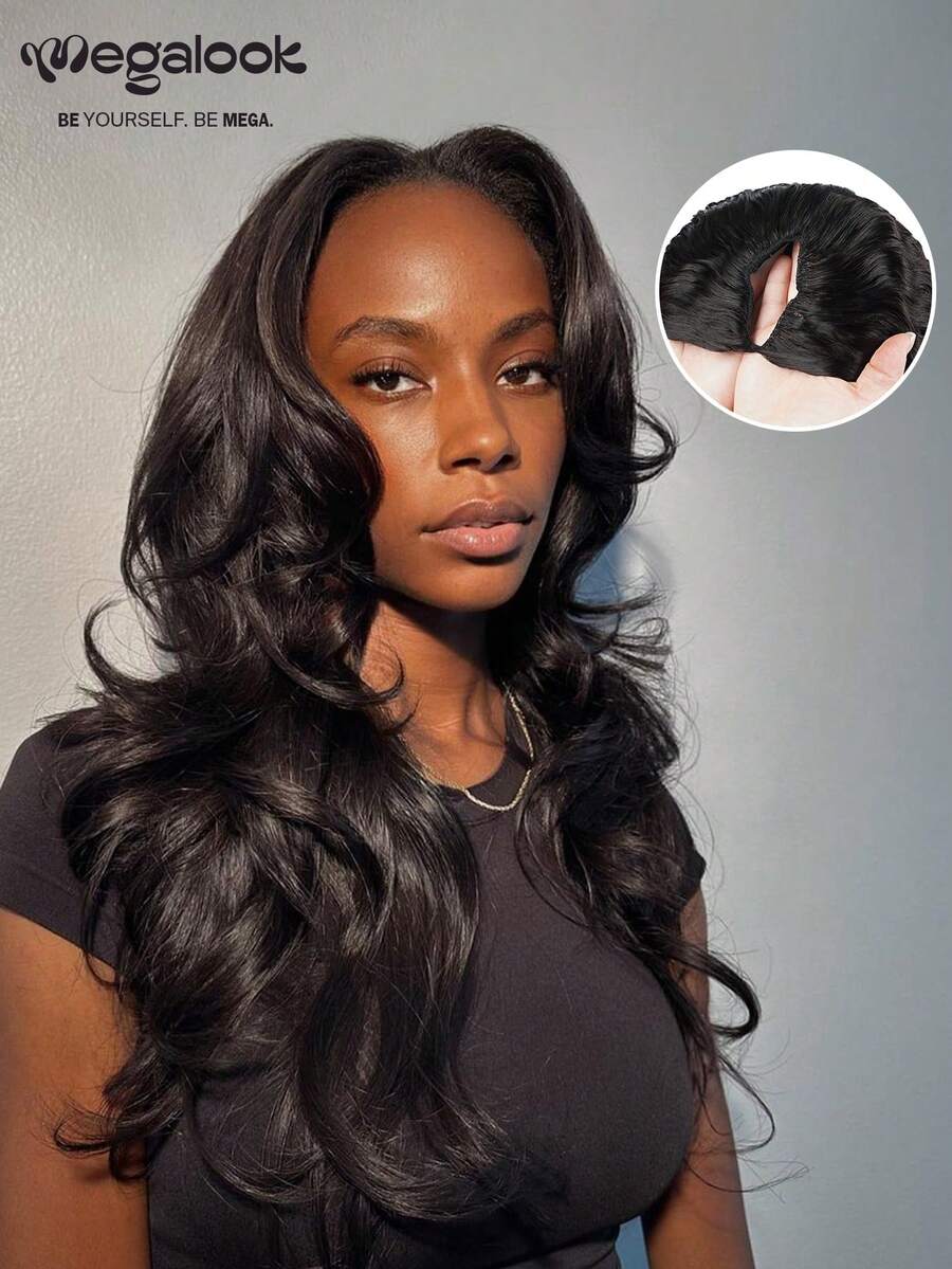 MEGALOOK 18-22 Inch Glue-Free Water Wave V-Part Human Hair Wig, Natural Black, Suitable For Daily Casual Wear, Low Coverage Natural Appearance, Suitable For Women's Daily Use - SNatural - View 1