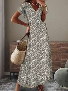 Leichtes, elegantes Ditsy-Blumen-Maxikleid mit V-Ausschnitt, vielseitig einsetzbar für Casual, Urlaub, Büro, Muttertag, Frühling/Sommer - Braun - Übersicht 4
