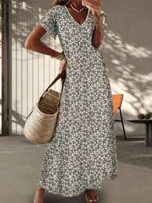 Leichtes, elegantes Ditsy-Blumen-Maxikleid mit V-Ausschnitt, vielseitig einsetzbar für Casual, Urlaub, Büro, Muttertag, Frühling/Sommer - Braun - Übersicht 3