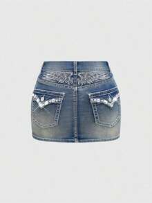 J-Fashion Y2K Style Low Waist Butterfly Embroidered Rhinestone Decor Women Denim Mini Skirt - Azul 2 - Ver 1