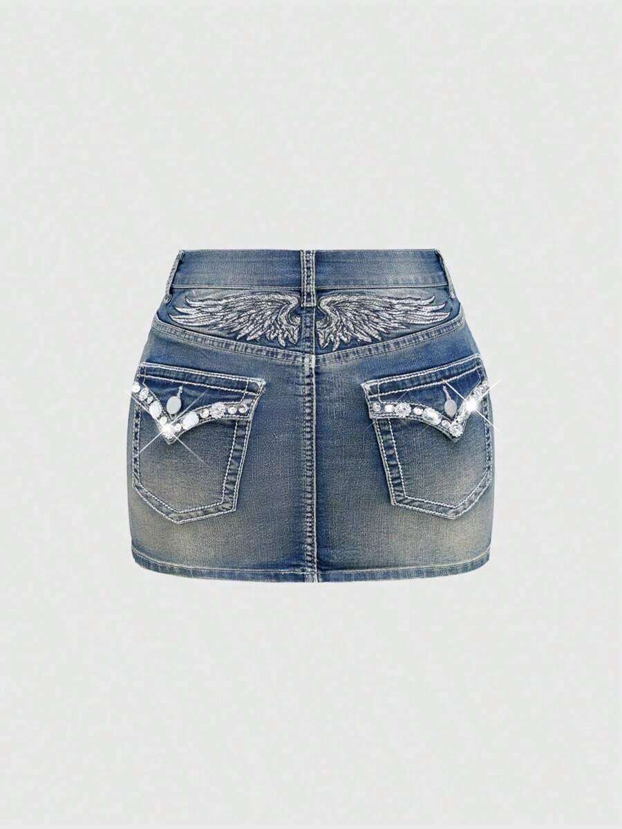 J-Fashion Y2K Style Low Waist Butterfly Embroidered Rhinestone Decor Women Denim Mini Skirt - Azul 2 - Ver 1