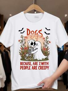 Divertido "perros porque la gente es espeluznante" camiseta blanca - oversized casual manga corta cuello redondo tee con esqueleto y hueso perro amante diseño, suelto uste para tres de Halloween y tre casual (lavable en máquina) - Blanco - Ver 2