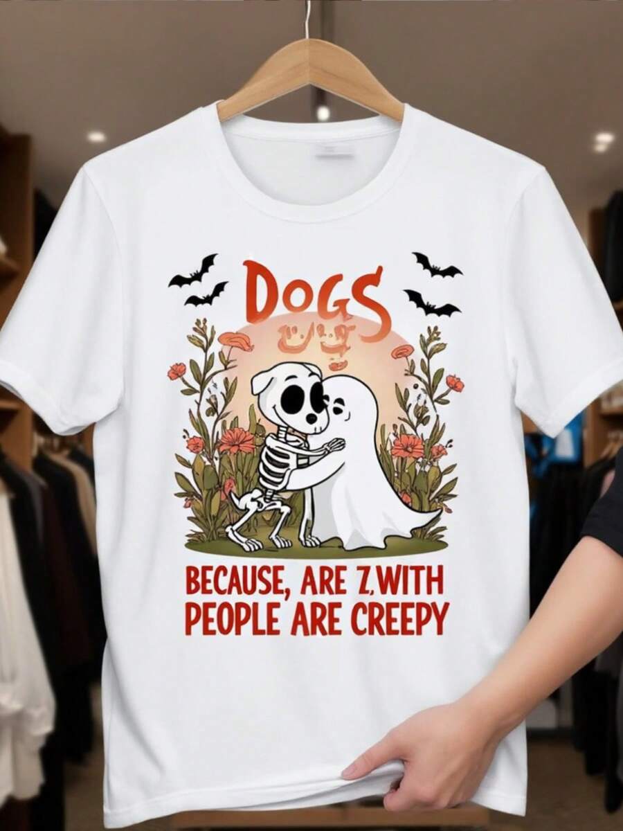 Divertido "perros porque la gente es espeluznante" camiseta blanca - oversized casual manga corta cuello redondo tee con esqueleto y hueso perro amante diseño, suelto uste para tres de Halloween y tre casual (lavable en máquina)
