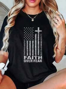 Camiseta Casual "Fe Sobre Miedo" con Bandera Cristiana y Cruz para Hombres y Mujeres, Manga Corta - Negro - Ver 1