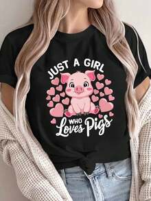 Camiseta de manga corta con cuello redondo y estampado de cerdito, estilo europeo y americano, suéter deportivo para mujer. - Negro - Ver 6