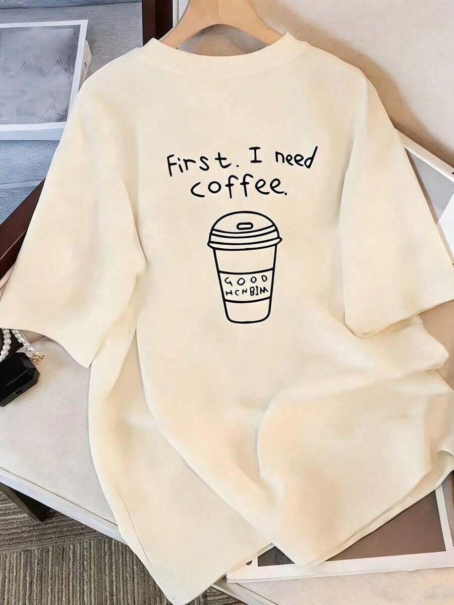 Women's T-Shirt With Graphic Print "First. I Need Coffee." Round Neck And Short Sleeves, Relaxed And Casual Fit, Versatile, Suitable For Everyday Wear And Summer Holidays - 白色 - 查看 1