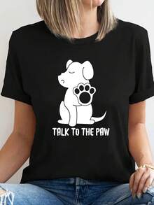 Camiseta Casual de Manga Corta para Mujer - Estampado Gráfico de Cachorro en Blanco y Negro con Texto "Talk to the Paw", Corte Relajado, Cuello Redondo, Comodidad para Todas las Temporadas, Camiseta con Diseño de Perro, Diseño Divertido, Tela Cómoda, Atuendo Diario, Estampado Divertido, Material Suave, Camiseta Estampada, Camiseta Y2k para Amantes de Mascotas - Negro - Ver 1