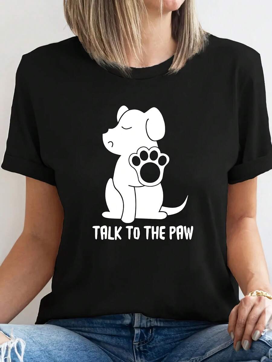 Camiseta Casual de Manga Corta para Mujer - Estampado Gráfico de Cachorro en Blanco y Negro con Texto "Talk to the Paw", Corte Relajado, Cuello Redondo, Comodidad para Todas las Temporadas, Camiseta con Diseño de Perro, Diseño Divertido, Tela Cómoda, Atuendo Diario, Estampado Divertido, Material Suave, Camiseta Estampada, Camiseta Y2k para Amantes de Mascotas - Negro - Ver 1