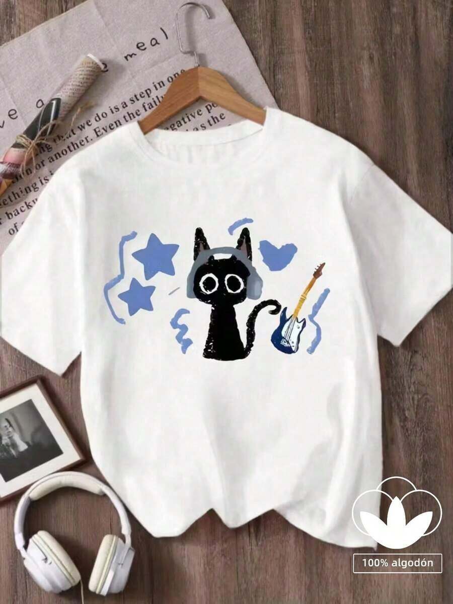 Girls' T-Shirt With Cat, Star, And Guitar Prints. Casual Round-Neck, Short-Sleeved Top. 100% Cotton Fabric With Cartoon Motifs. Perfect For Spring And Summer. - 白色 - 查看 1