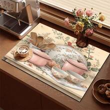 1pc Vintage Rose Pattern Printed Coffee Bar Mat, Stove Mat, Drainage Mat, Silicone Drainage Mat For Coffee Machine, Rubber Drainage Mat, Super Absorbent And Wear-Resistant Dish Drying Mat, For Countertop, Restaurant, Kitchen, Patio Table Decor, Household Kitchen Supplies, Countertop Decorative Mat - Multicolor - View 2