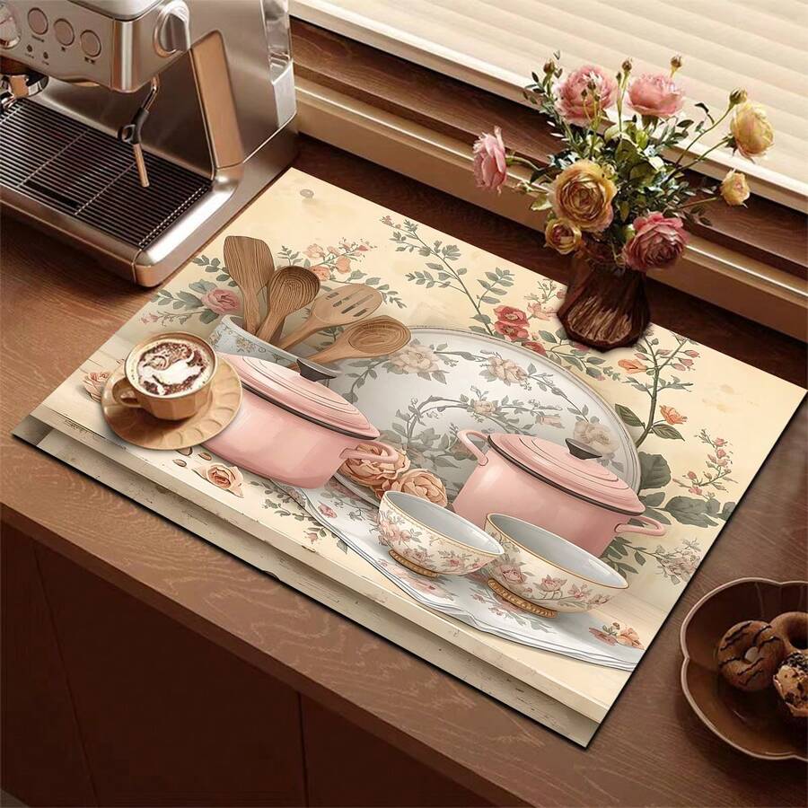 1pc Vintage Rose Pattern Printed Coffee Bar Mat, Stove Mat, Drainage Mat, Silicone Drainage Mat For Coffee Machine, Rubber Drainage Mat, Super Absorbent And Wear-Resistant Dish Drying Mat, For Countertop, Restaurant, Kitchen, Patio Table Decor, Household Kitchen Supplies, Countertop Decorative Mat