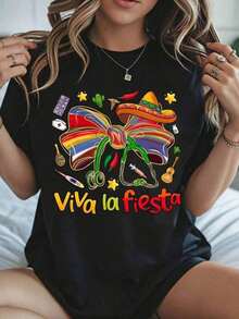 Camiseta de Moda para Mujer, Camiseta con Temática Mexicana "Viva La Fiesta" con Lazo de Sombrero y Detalles Festivos para Celebraciones de Fiesta, Ropa Casual de Verano para Mujer. - Negro - Ver 1