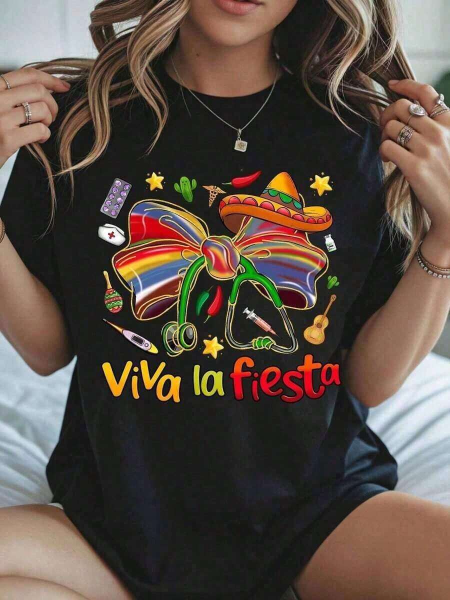 Camiseta de Moda para Mujer, Camiseta con Temática Mexicana "Viva La Fiesta" con Lazo de Sombrero y Detalles Festivos para Celebraciones de Fiesta, Ropa Casual de Verano para Mujer. - Negro - Ver 1