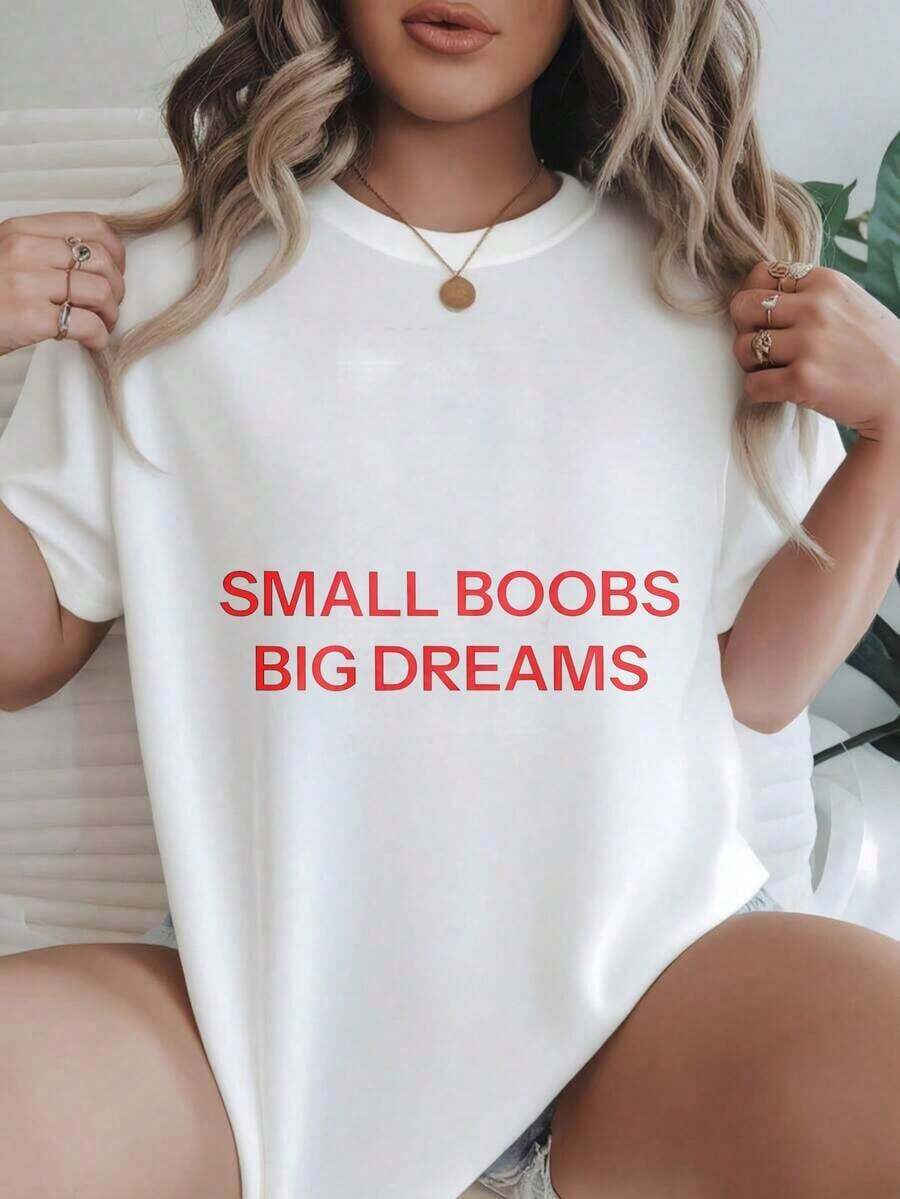 Women's Casual Short Sleeve T-Shirt - Round Neck, "Small Boobs Big Dreams" Print, Summer Top, Machine Washable, Ladies' T-Shirts, Casual Wear, Modern Style, Comfortable Fit
-White - 白色 - 查看 1