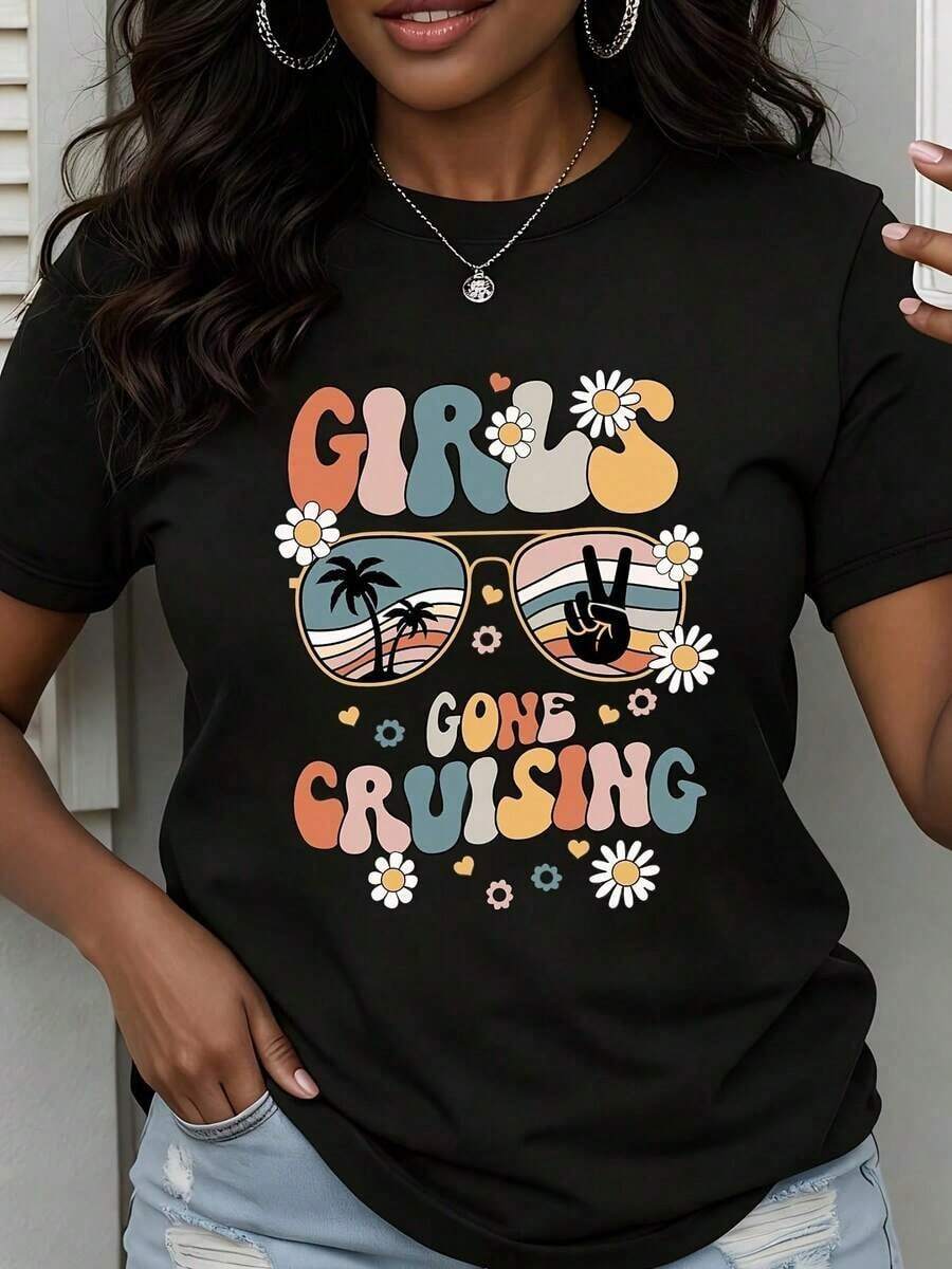 Camiseta de cuello redondo para mujer con estampado de gafas de sol, palmeras y símbolo de la paz, manga corta, para vacaciones de verano, playa, fiesta, ropa casual. - Negro - Ver 1