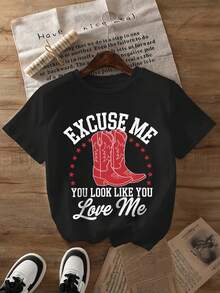 Women's Graphic T-Shirt With Red Cowboy Boot Print - "Sorry, You Look Like You Love Me" Print, Short Sleeve, Crew Neck, Casual Summer Top For Women | Funny Print Top | Y2k Construction T-Shirt - 白色 - 查看 9