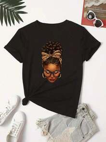 Camiseta de Manga Corta con Estampado de Retrato para Mujer Talla Grande, Camisetas Gráficas para Mujer, Tops de Algodón - Negro - Ver 5